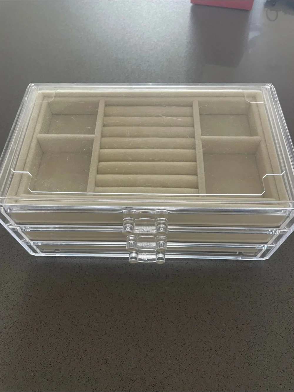 Clear Acrylic Jewelry Organizer with Beige Lined Compartments